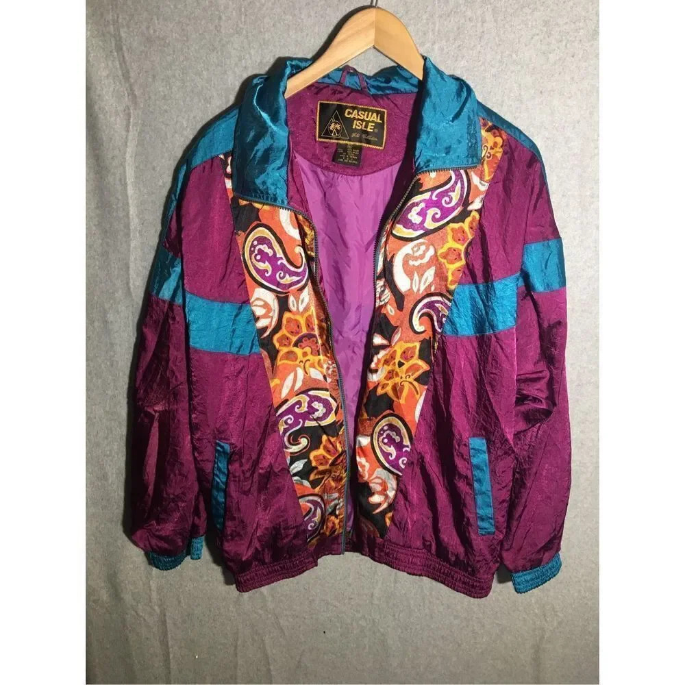 Womens Casual Isle Windbreaker Jacket 90s y2k Retro Bright Colorful Artistic